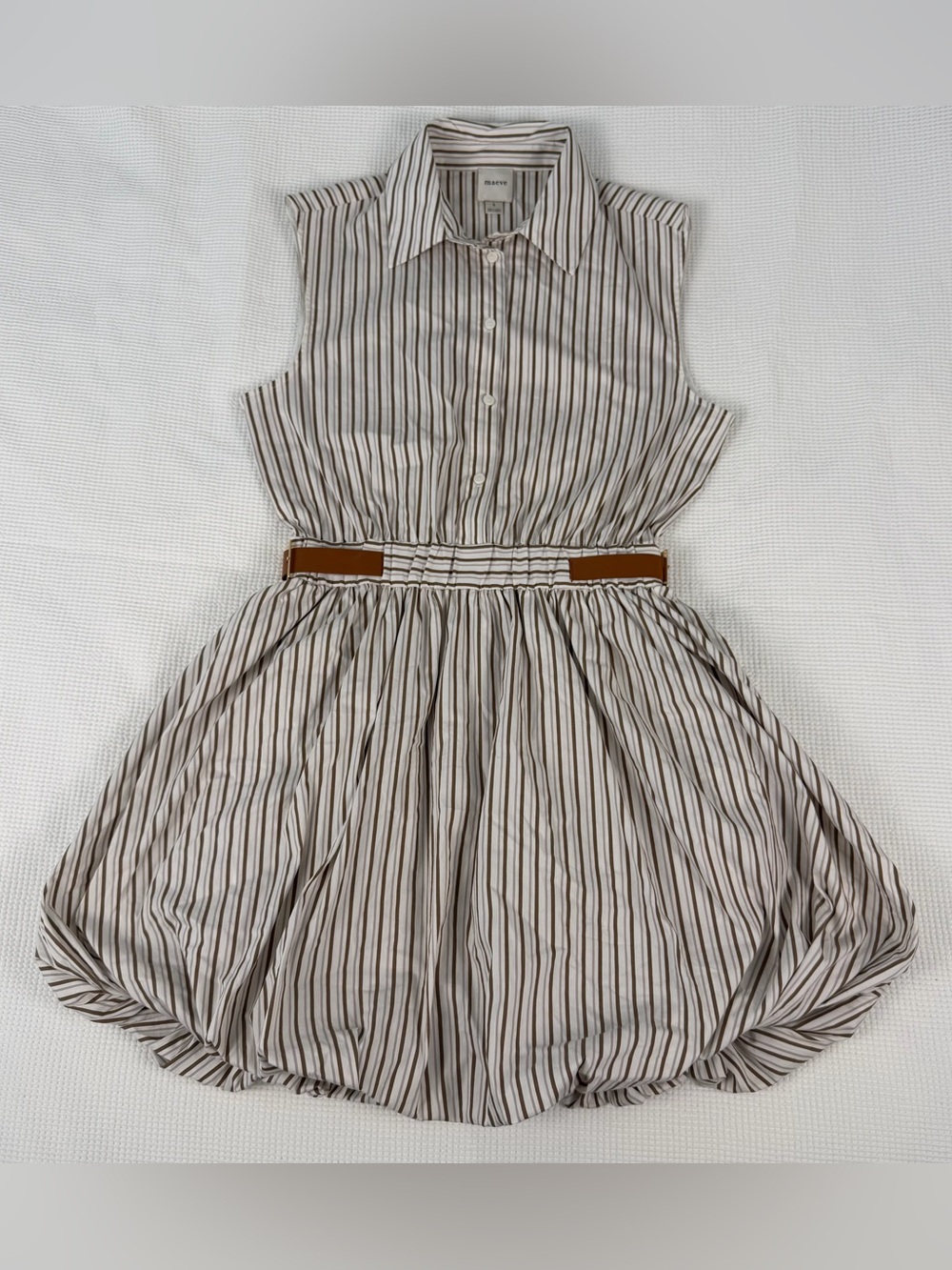Maeve Anthropologie Brown Striped Sleeveless Bubble Hem Belted Mini Dress Small